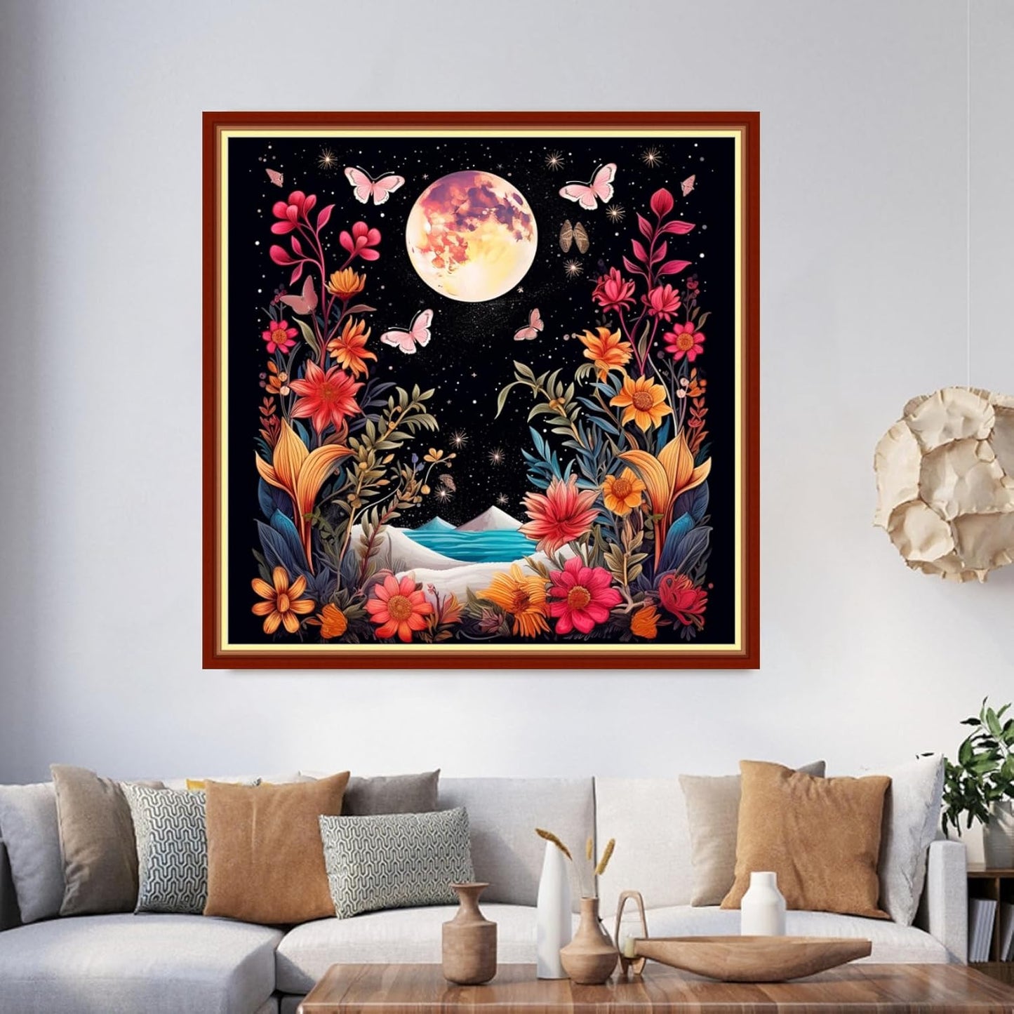 Foxhool Beginners Cross Stitch Kits Stamped Full Range of Embroidery Kits for Adults DIY Cross Stitches kit Embroidery Patterns for Needlepoint kit-Colorful Flower Moon 17.7x17.7 inch