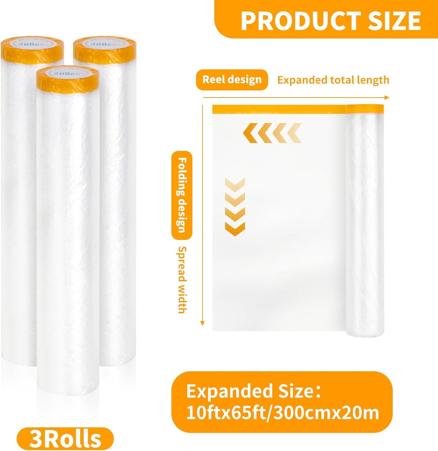 Pre-Taped Masking Film 3 Pack Each 118in x 65 feet Rolls, Tape and Drape, Painters Plastic Sheeting Drop Cloth for Automotive Painting Covering, House Decoration Furniture Floor Dustproof Cover