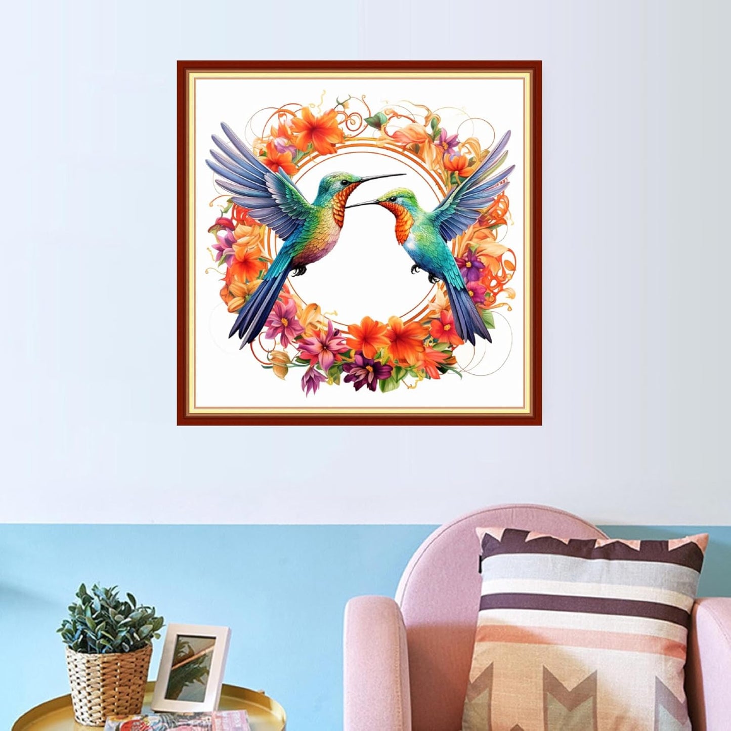 Joyhoor Cross Stitch Kits for Beginners Stamped Cross-Stitch Supplies Needlework preprint Embroidery Kits for Adults DIY Needlepoint Kits Embroidery Patterns 11CT-Hummingbird Wreath 18x18 inchs