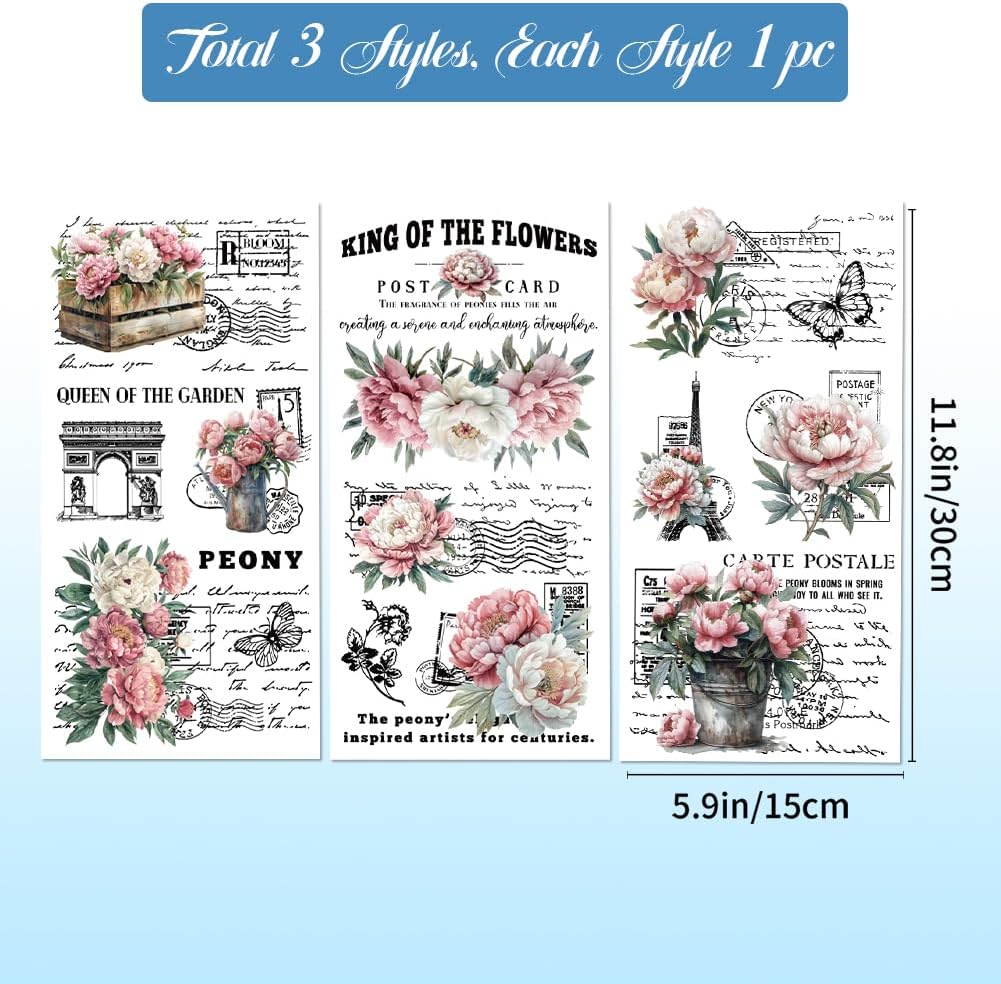 GLOBLELAND 3 Sheets Vintage Pink Peony Background Furniture Transfer 6x12inch Retro Romance Text Rub on Transfer Self-Adhesive Wall Art Decals for Bedroom Living Room Desk Table Decoration