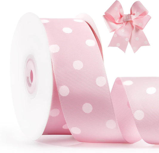 Polka Dot Grosgrain Ribbon 1.5 Inch, 25 Yards Spool Pink and White Dot Craft Ribbon for Christmas Gift Wrapping DIY Crafts Hair Bows Wedding Party Decor Sewing and Home Decoration
