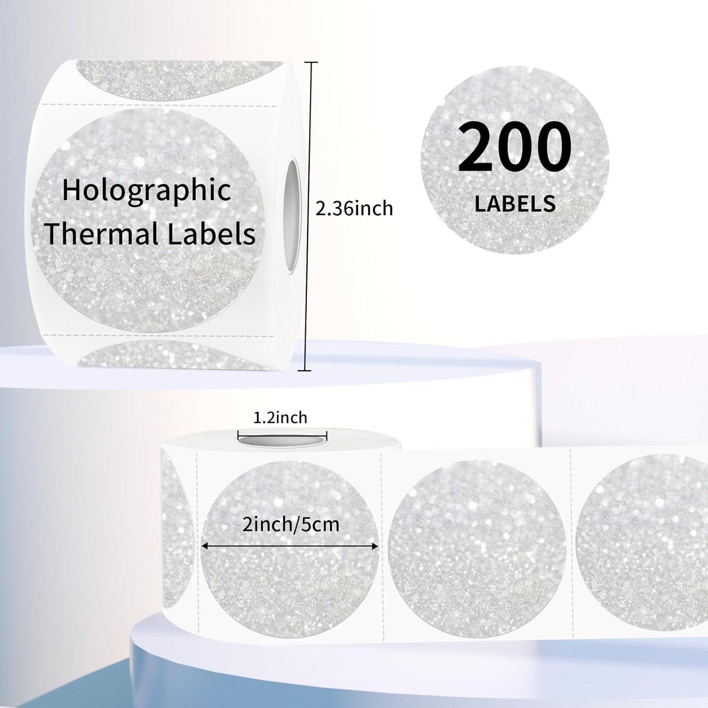 2" Holographic Thermal Label Stickers, Round Direct Thermal Label Stickers, Glitter Thermal Printer Sticker Labels for Gift Wrapping, Self-Adhesive Custom Logo Design- Glitter Silver