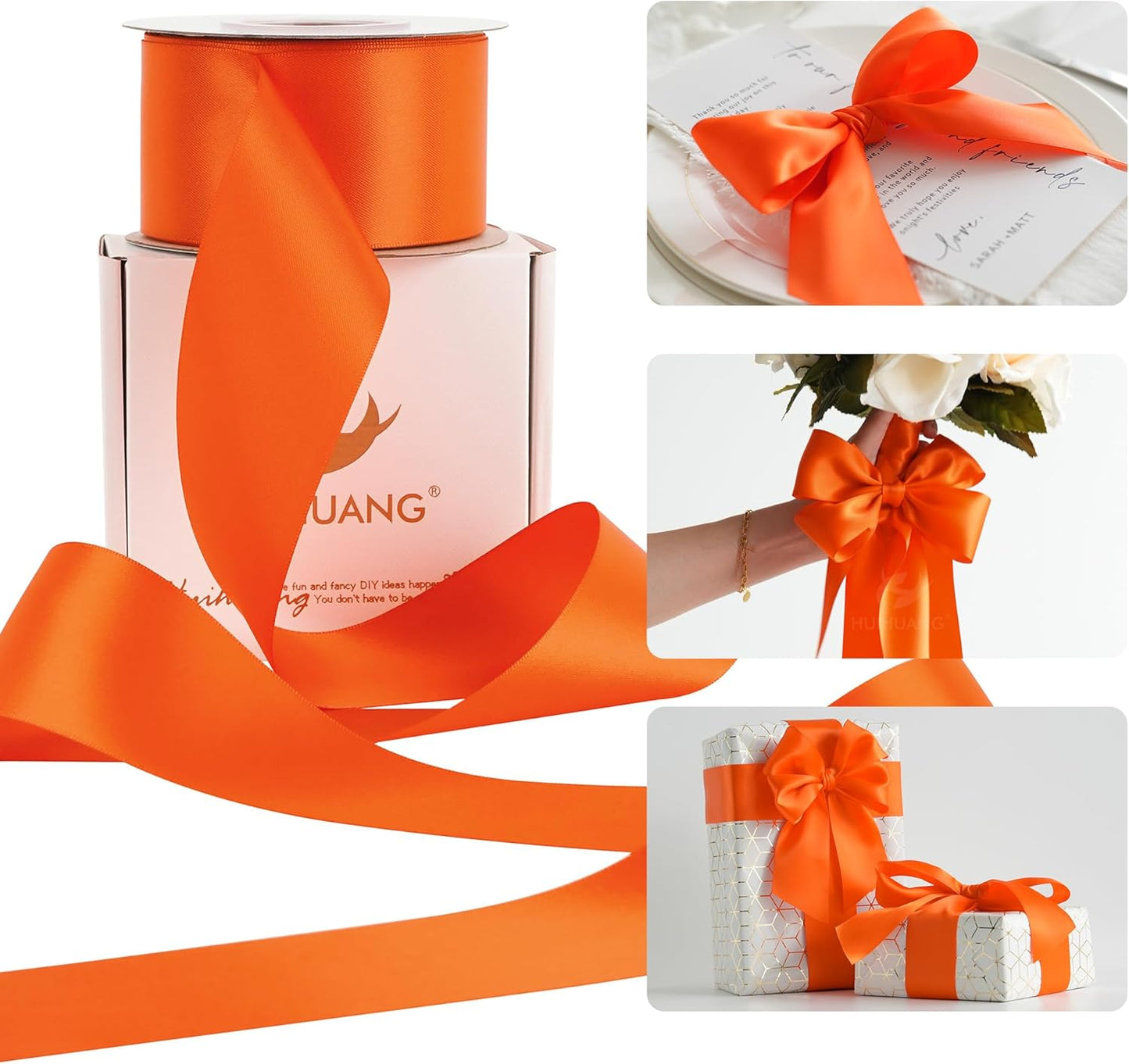 HUIHUANG Orange Satin Ribbon 2 inch Wide Double Faced Satin Ribbon Orange Ribbon for Gift Wrapping, Bows Making, Flower Bouquet, DIY Crafts, Wedding, Holiday Party Decor -25 Yards/Roll