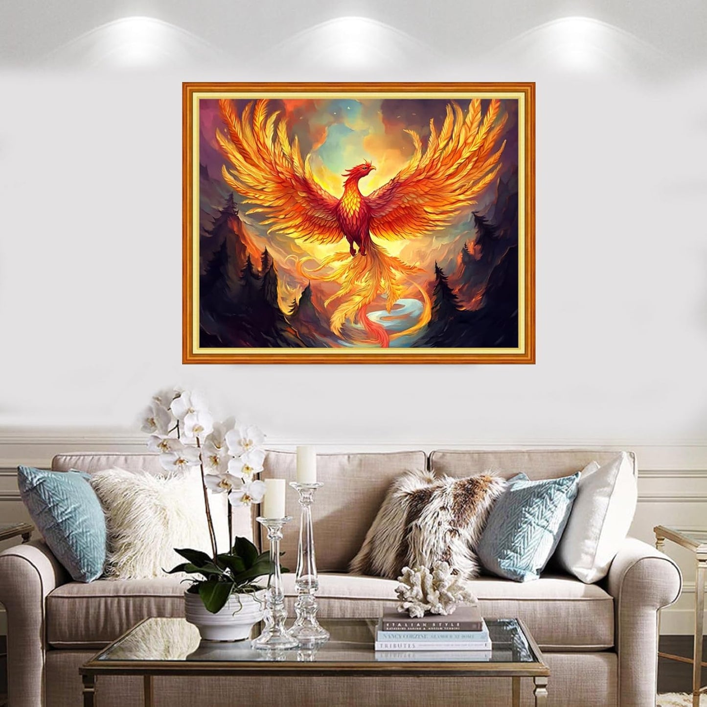 Redxing Stamped Cross Stitch Kits Full Range of Embroidery Starter Kits- Needlepoint Counted Cross Stitch Kits for Beginner Adults 11CT Printed Embroidery Kit-Fire Phoenix Mountains Rivers 16x20 inch