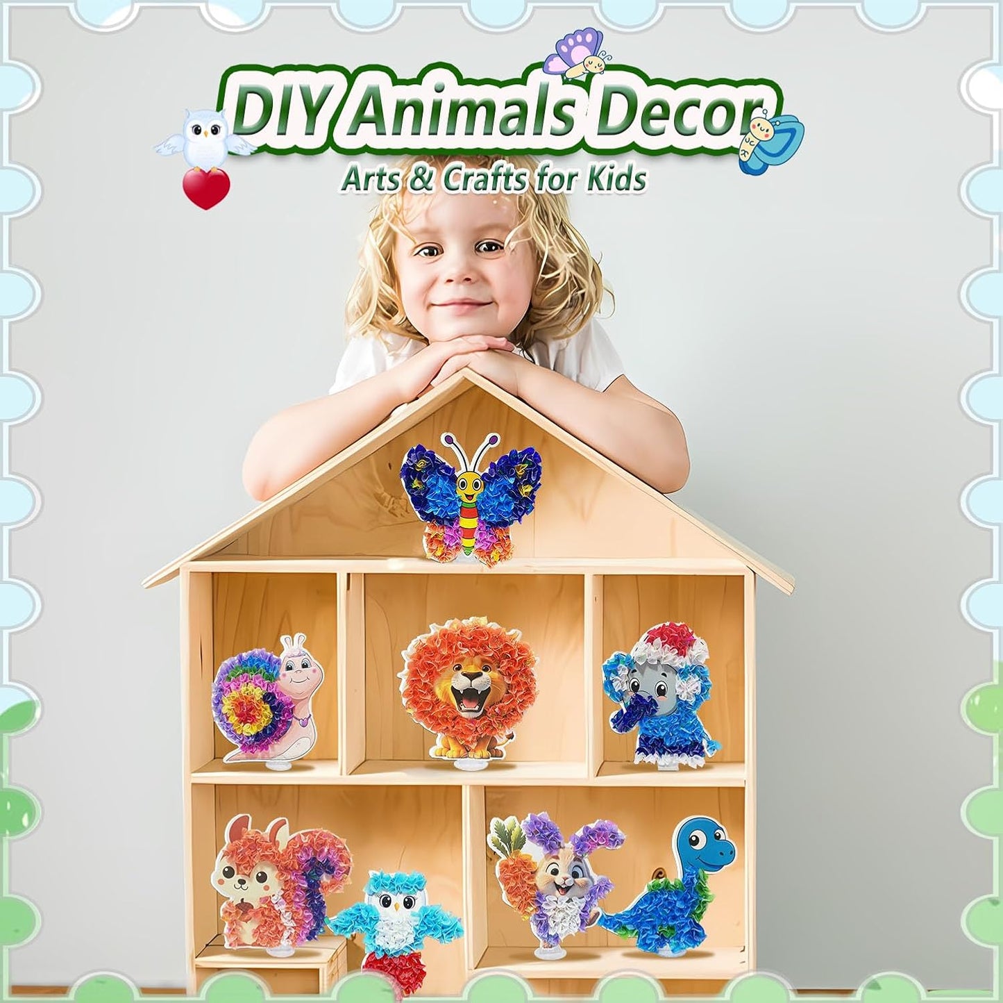 mom&myaboys Poke A Dot Art Kit - Animals Theme with Snail, Lion, Owl, Squirrel, Butterfly | No-Mess Sewing Craft for Kids Ages 4-8 | Creative Toys for Girls & Boys | Fun Gift for Birthday, Christmas