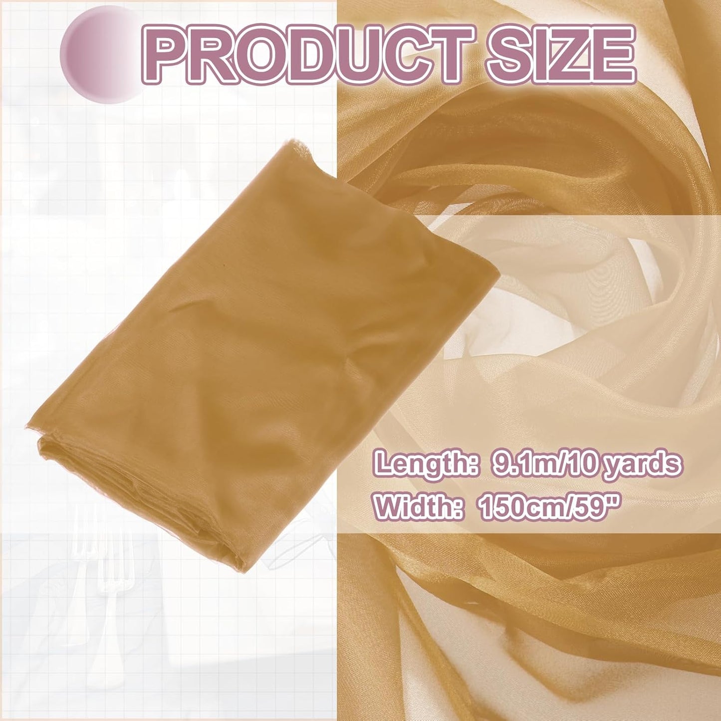 MECCANIXITY Iridescent Sheer Organza Fabric, 10 Yards x 59 Inches Solid Holographic Shiny Fabric Organza Cloth for Wedding, Curtains, Costume, Photo Background, Light Brown