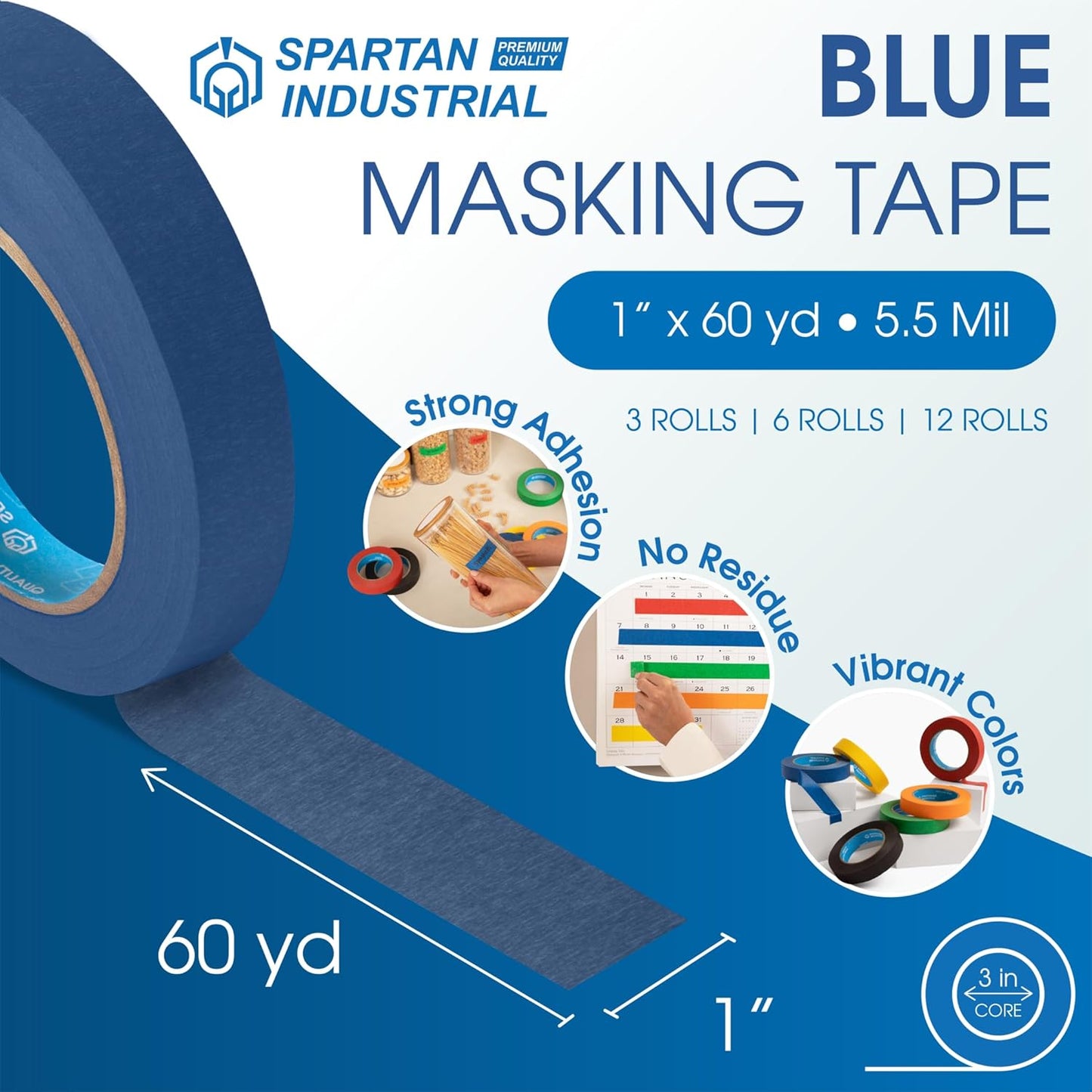 Spartan Industrial - 1" X 60 yd Blue Masking Tape - 3 Color Tape Rolls for Arts and Crafts, Painting, and More - No Residue, 5.5 Mil