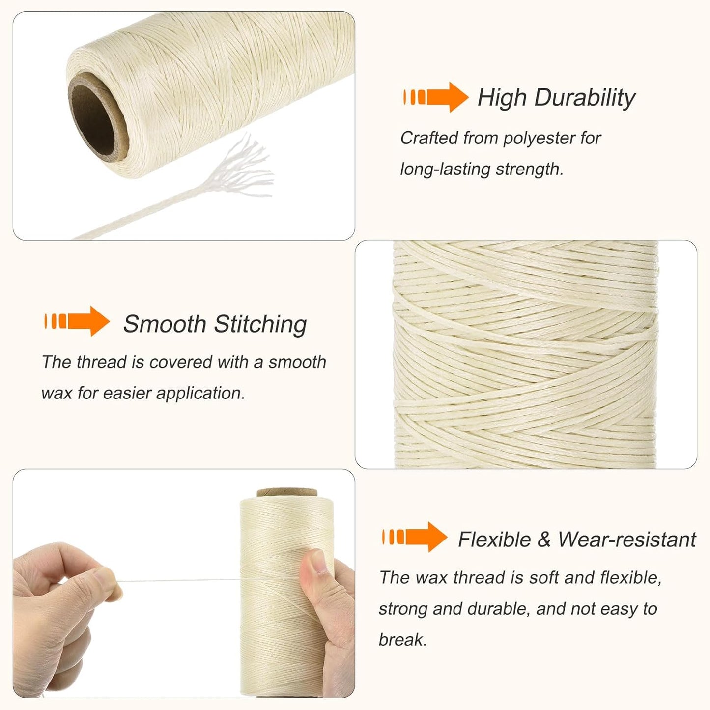 MECCANIXITY Waxed Thread,197 Yard 1mm 210D Flat Wax Thread Polyester Waxed String for Leather Sewing Hand Weaving Book Binding Home Decoration,Cream White