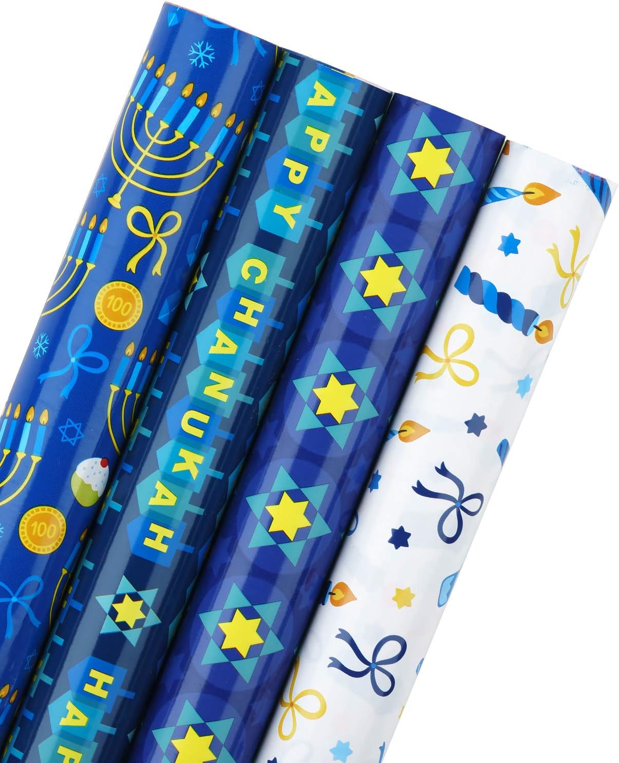 WRAPAHOLIC 30 Inch Hanukkah Wrapping Paper Roll - Jumbo Roll Menorahs, the Star of David, Candles Design for Chanukah Celebration - 4 Rolls - 30 Inch x 120 Inch Per Roll