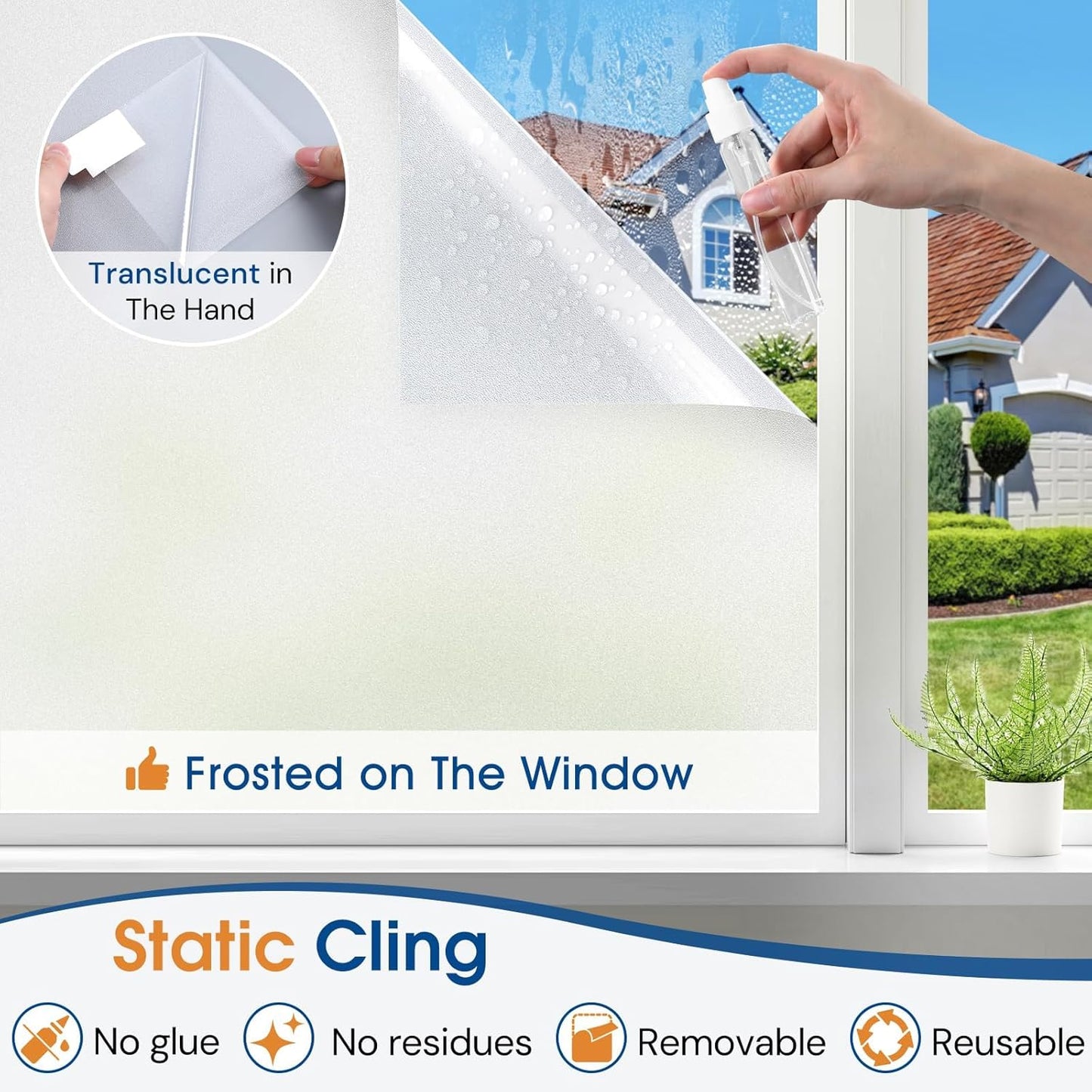Homein Frosted Glass Window Privacy Film with Tools UV Blocking Privacy Film for Glass Windows, Static Cling No Glue Removable Reusable Anti Glare for Home Day and Night, Pure 23.6x157.4 inch