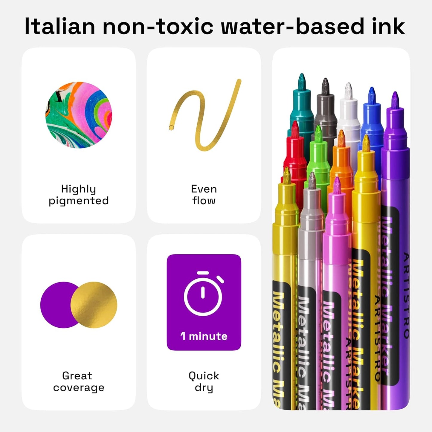 ARTISTRO 12 Metallic Paint Pens for Glass, Rock Painting, Ceramic, Wood, Fabric, Pebbles, Scrapbook Journals, Photo Albums, Card Stocks - Acrylic Paint Markers Extra-Fine Tip 0.7mm