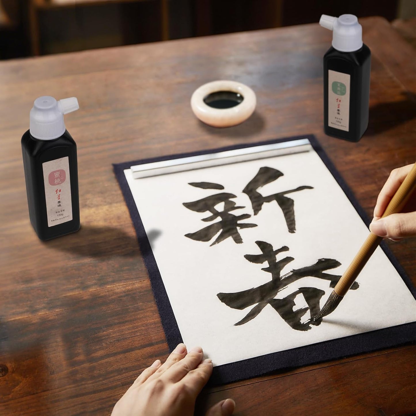 MEGREZ Chinese Calligraphy Ink, Sumi Ink Flower Scented Calligraphy Ink for Beginner Practice Chinese,Redstar Black Liquid Ink for Painting and Writing, Peach
