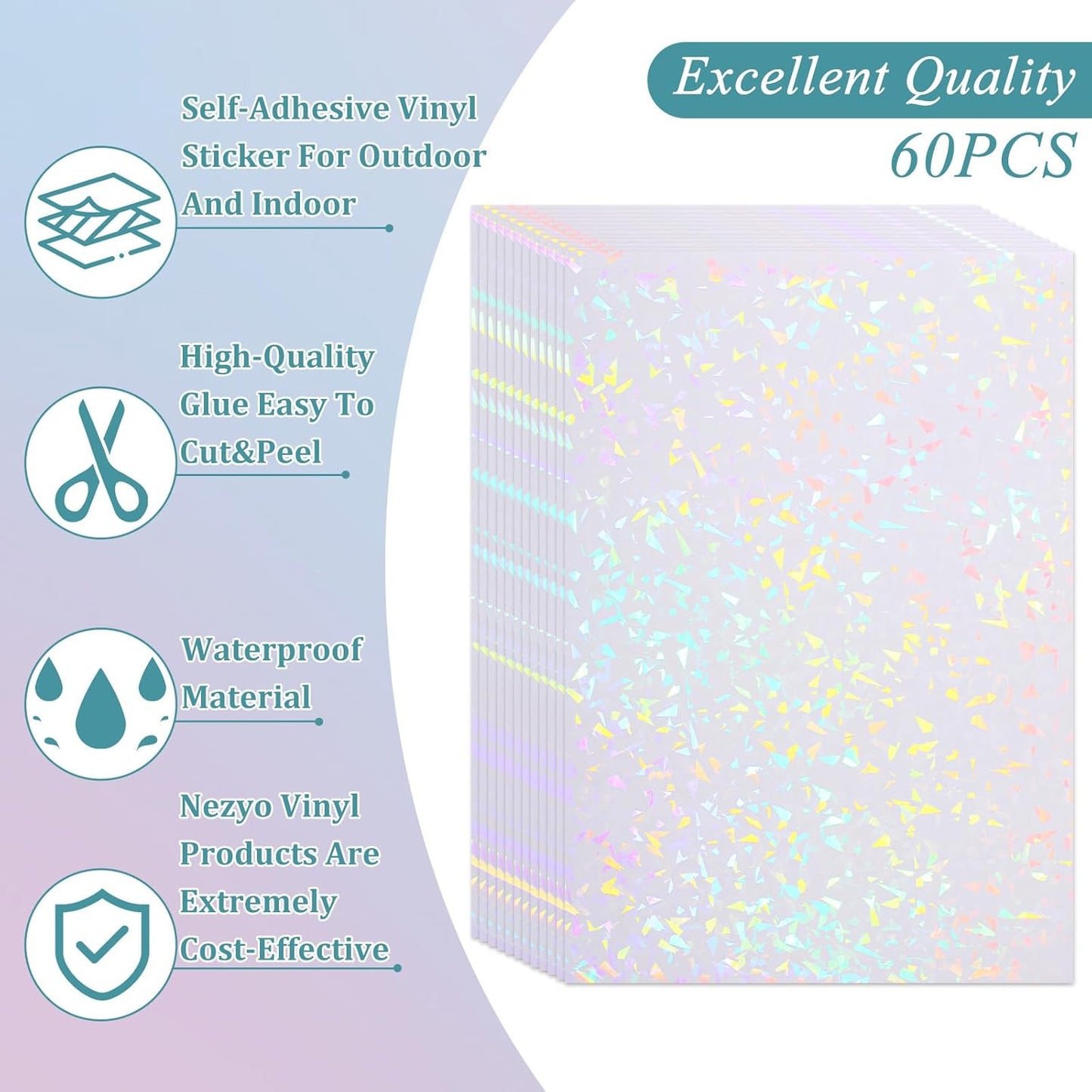 SHENLIU 60 Sheets Holographic Laminate Sheets Clear Glitter Vinyl Sticker Paper Holographic Overlay Self Adhesive Waterproof Transparent Film for Sticker Paper, 11.7 x 8.3 Inch (Gem Patterns)