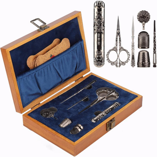 Vintage Embroidery Scissors Set, Comfortable Handle, Stainless Steel, Antique Design, Complete Sewing Kit for Embroidery, Needlework, with Thimble, Threader, and Needle Case