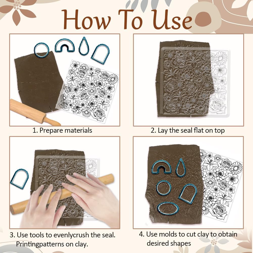 CHGCRAFT Flowers Polymer Clay Texture Sheets Rose Daisy Silicone Texture Stamp Lilies Cherry Blossom Clay Modeling Pattern Pad Texture Sheets for Polymer Clay Making Earrings Jewelry