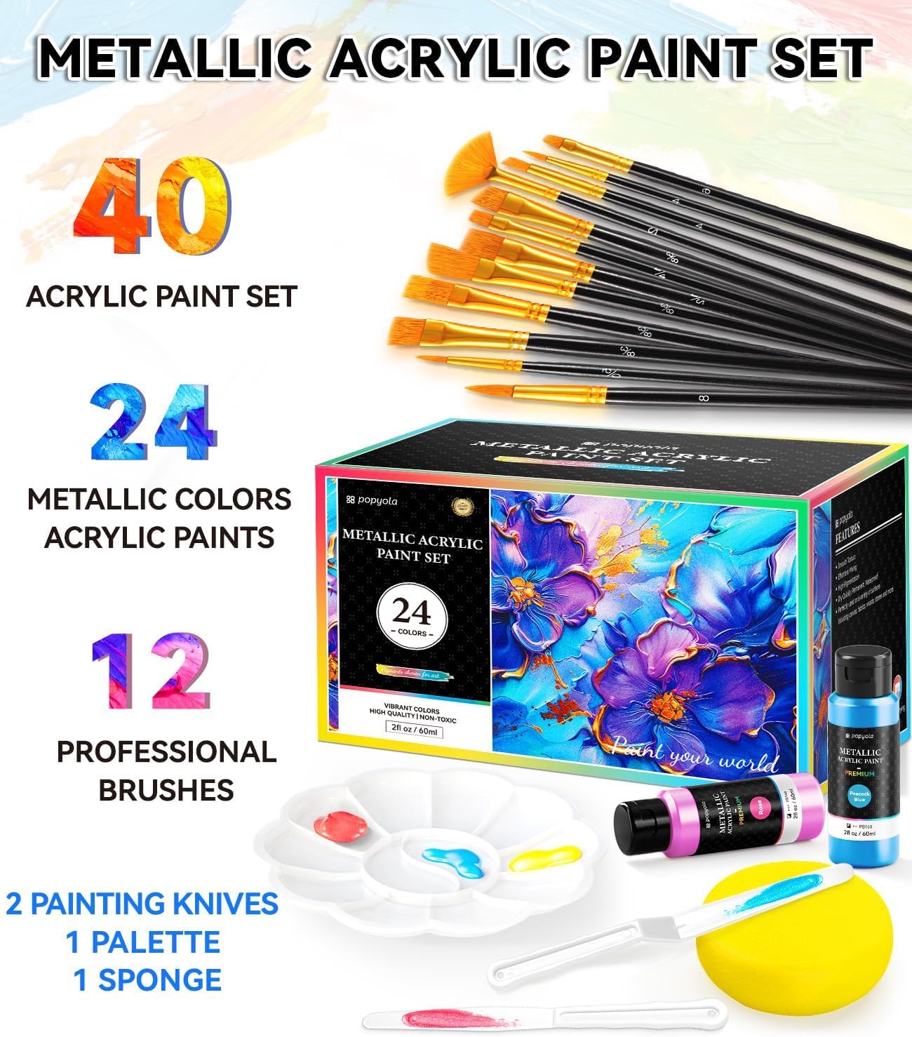 40 PCS Metallic Acrylic Paint Set with 12 Brushes, 2 Knives & Palette, 24 Colors (2oz/60ml) Art Craft Paint for Adults Kids Artists Beginners, Halloween Pumpkin Canvas Ceramic Rock Painting Kit