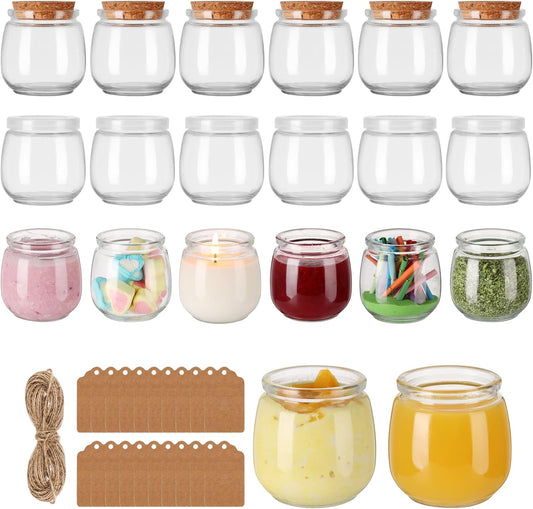 7oz Glass Jars with Cork & PE Lids 20Pack, Small Glass Pudding Jar for Wedding Favors, Milk, Jams and DIY Gift, Yogurt Jars with Tags and Twine Included