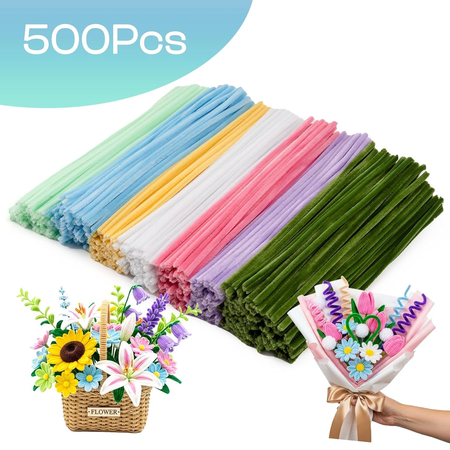 Caydo 500 Pieces Pipe Cleaners Flower Set, Chenille Stems, Pipe Cleaner Craft Supplies Bulk Fluffy Fuzzy Sticks for DIY Art Projects Creative Gift Party Decorations (Macaron)