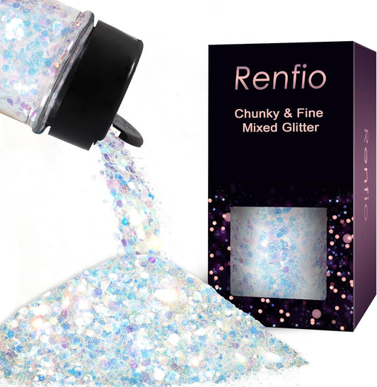 Renfio Opal Chunky Glitter, 1.58oz/45g White Glitter, Dreamy High Sparkle Glitter for Crafts Holographic Fine Glitter Mix Iridescent Glitters Flake for Resin Nails Art Hair DIY Snow Globe - Ocean Wave