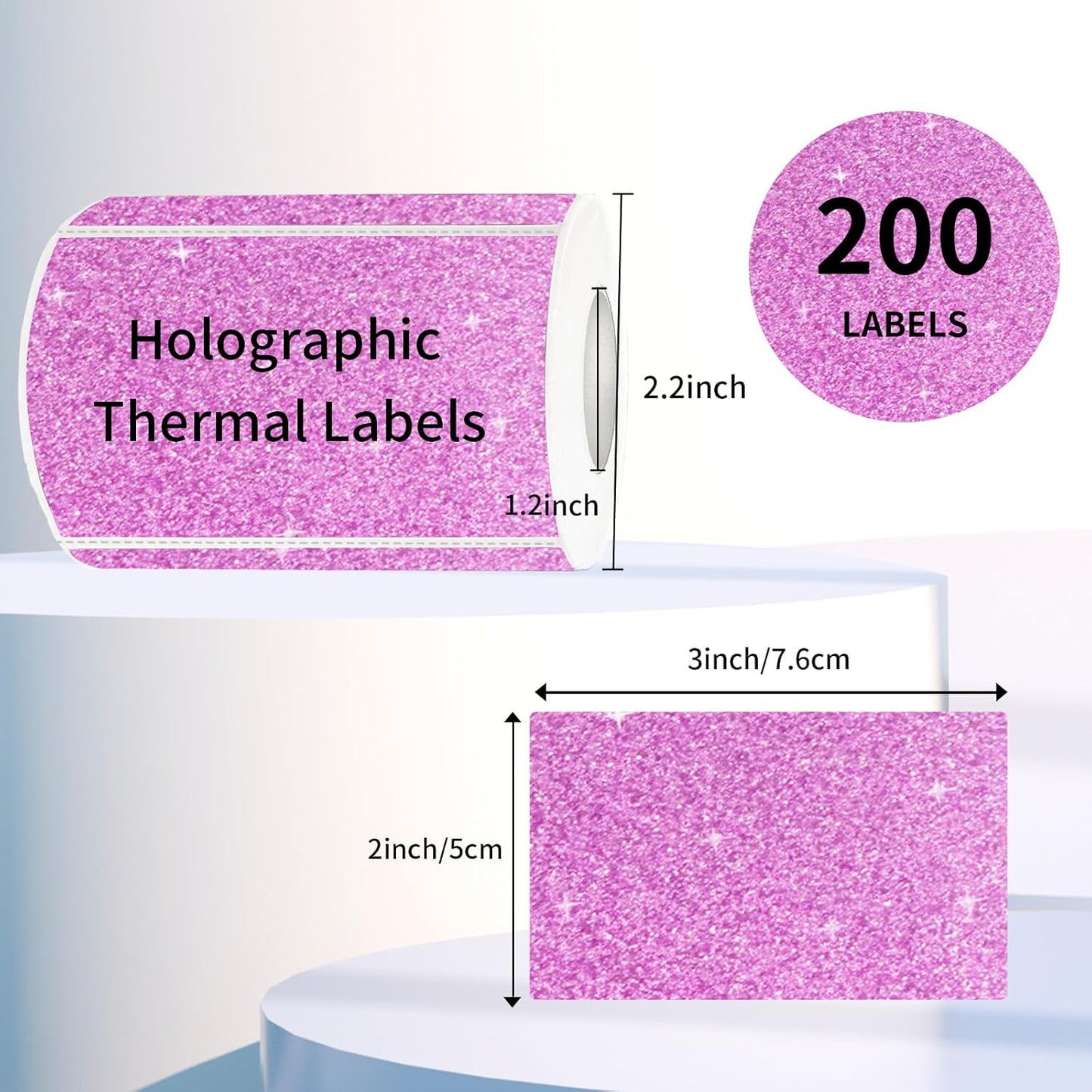 3x2 Inch Holographic Thermal Labels Stickers, Glitter Waterproof Direct Thermal Sticker Labels for Barcode, Mailing, DIY Design- 200 Pcs/Glitter Pink