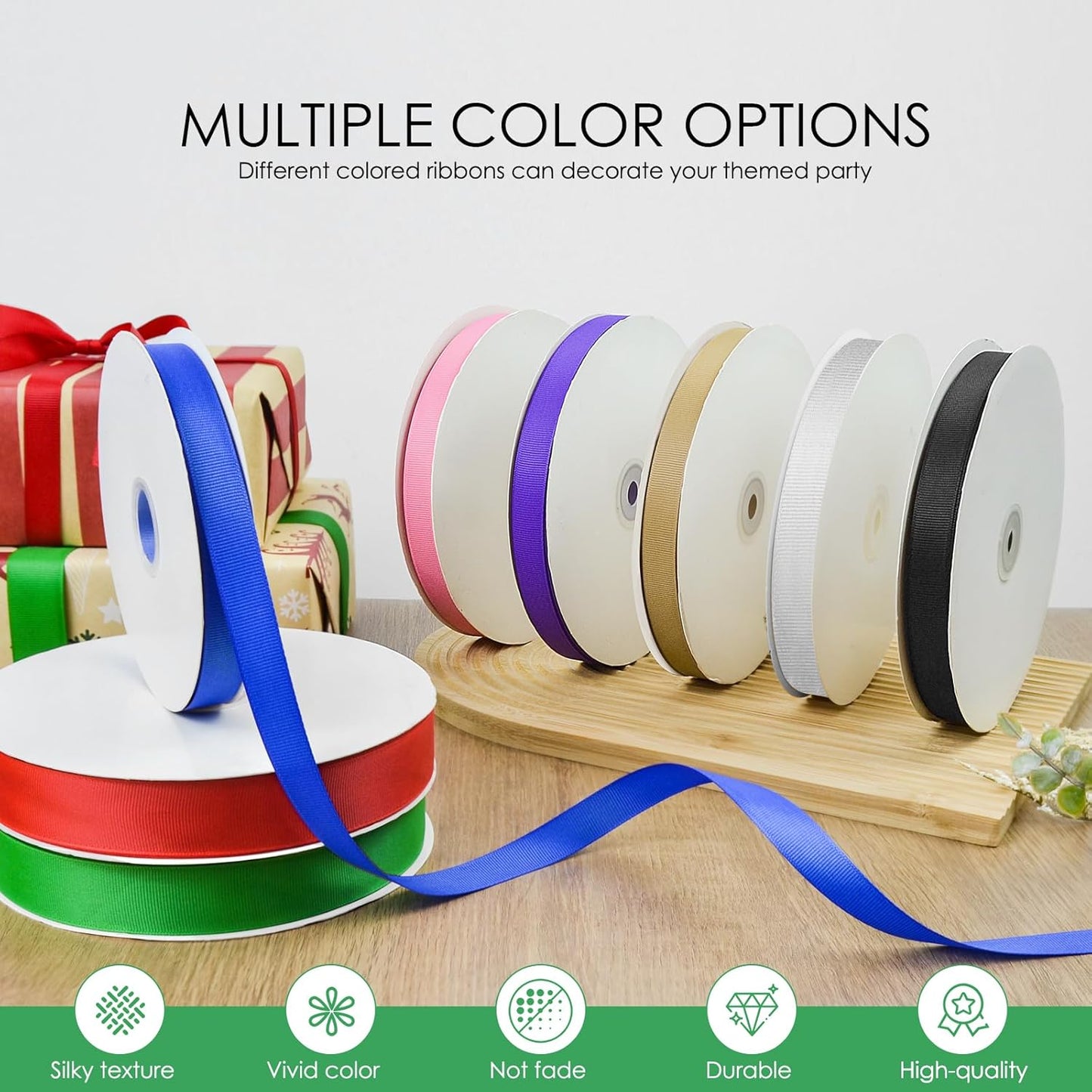 100 Yards 3/8 inch Grosgrain Ribbon, Solid Color Fabric Ribbon Perfect for Gift Wrapping, Wedding, Handmade Bows, Floral Bouquets and Party Decoration(Green)