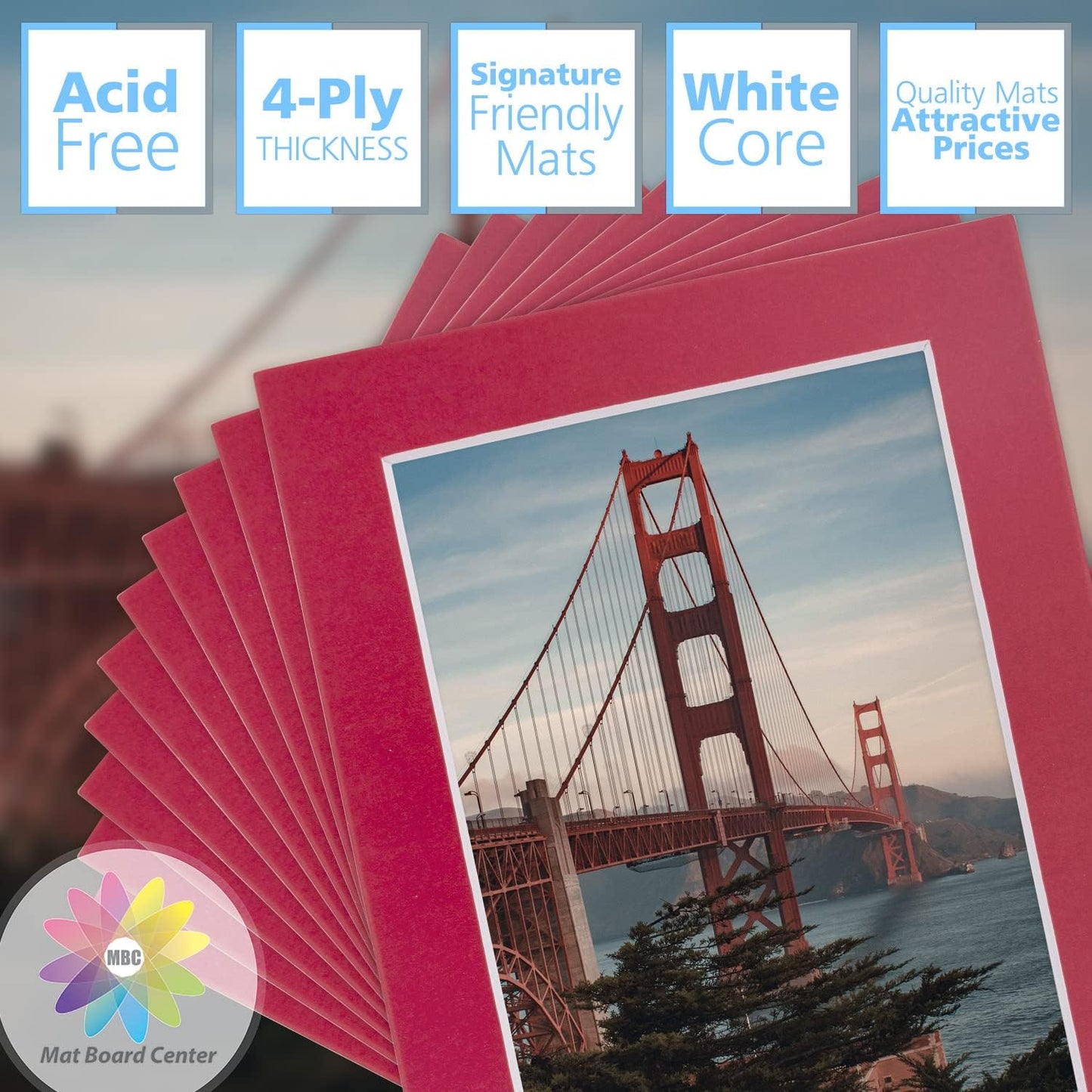 Mat Board Center, Pack of 10, 5x7 for 4x6 China Red Color Mats - Bevel Cut, Acid Free, 4-ply Thickness, White Core - for Pictures, Photos, Framing