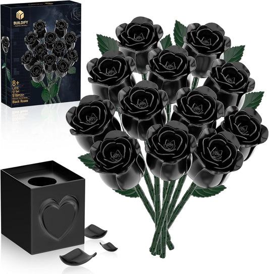 Black Rose Bouquet Building Blocks, Artificial Roses Flowers Botanical Collection Building Set, Gothic Home Decor, Christmas Halloween Birthday Present for Adults Kids Lover