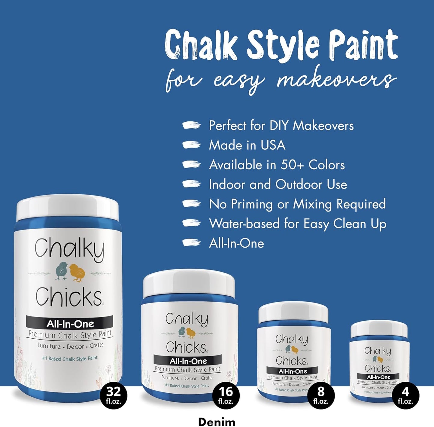 Chalky Chicks 8 Fl Oz Matte Denim (Navy Blue) Chalk Paint for Furniture Without Sanding - No Prep Furniture Paint No Sanding All in One for Crafts, Wood, Walls, Cabinet, Metal, Dresser, Farmhouse