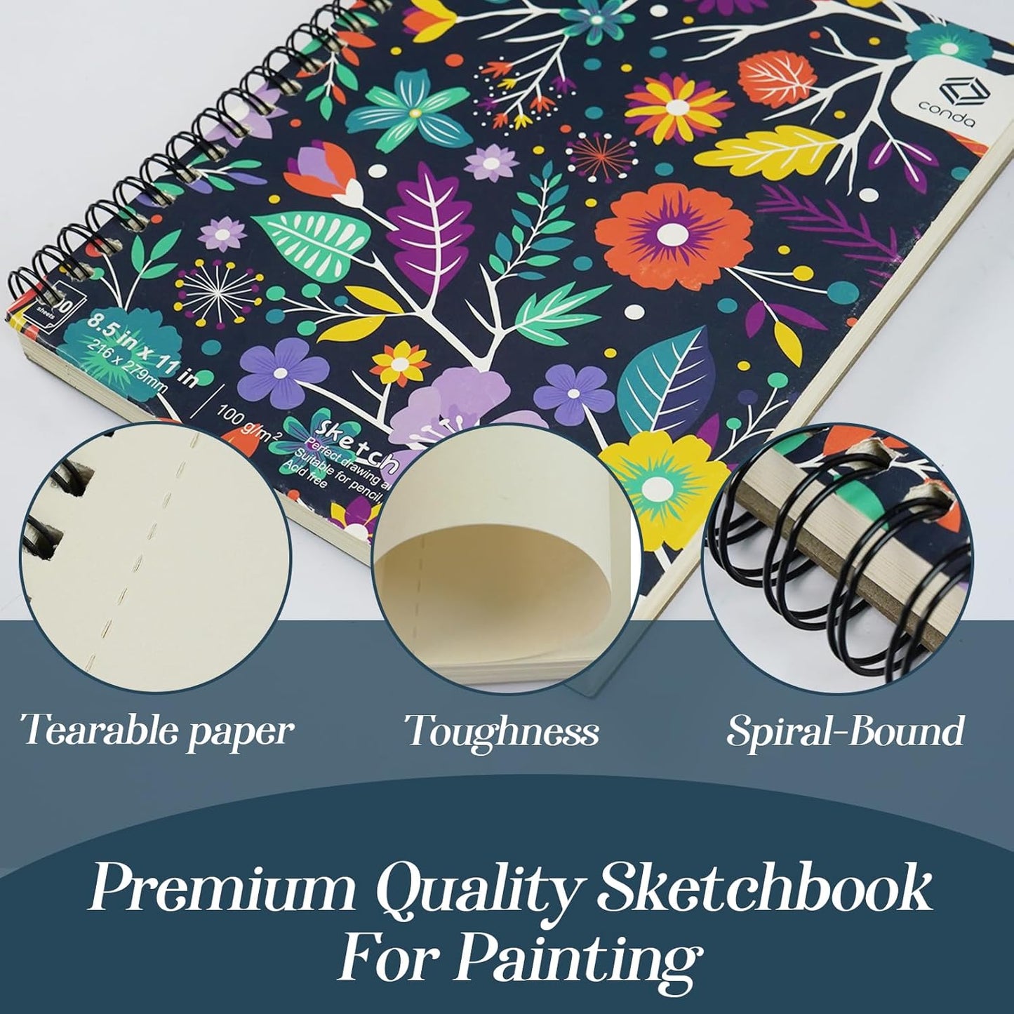 conda 8.5"x11" Sketch Book, 80 Sheets (68 lb/100gsm), Spiral Bound Artist Sketch Pad, Durable Acid Free Drawing Paper for Drawing Painting
