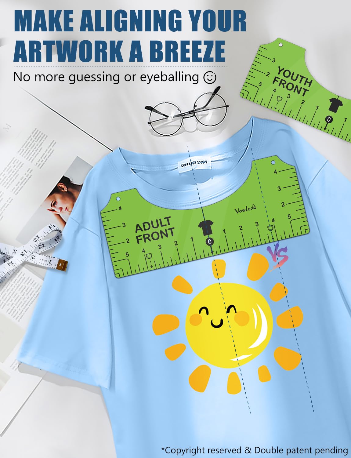 Vowlove Tshirt Ruler Guide for Vinyl Alignment: T Shirt Ruler to Center Design, Tee Measurement Tools, Heat Press Accessories for Sublimation, HTV Heat Transfer Vinyl Press, Screen Printing