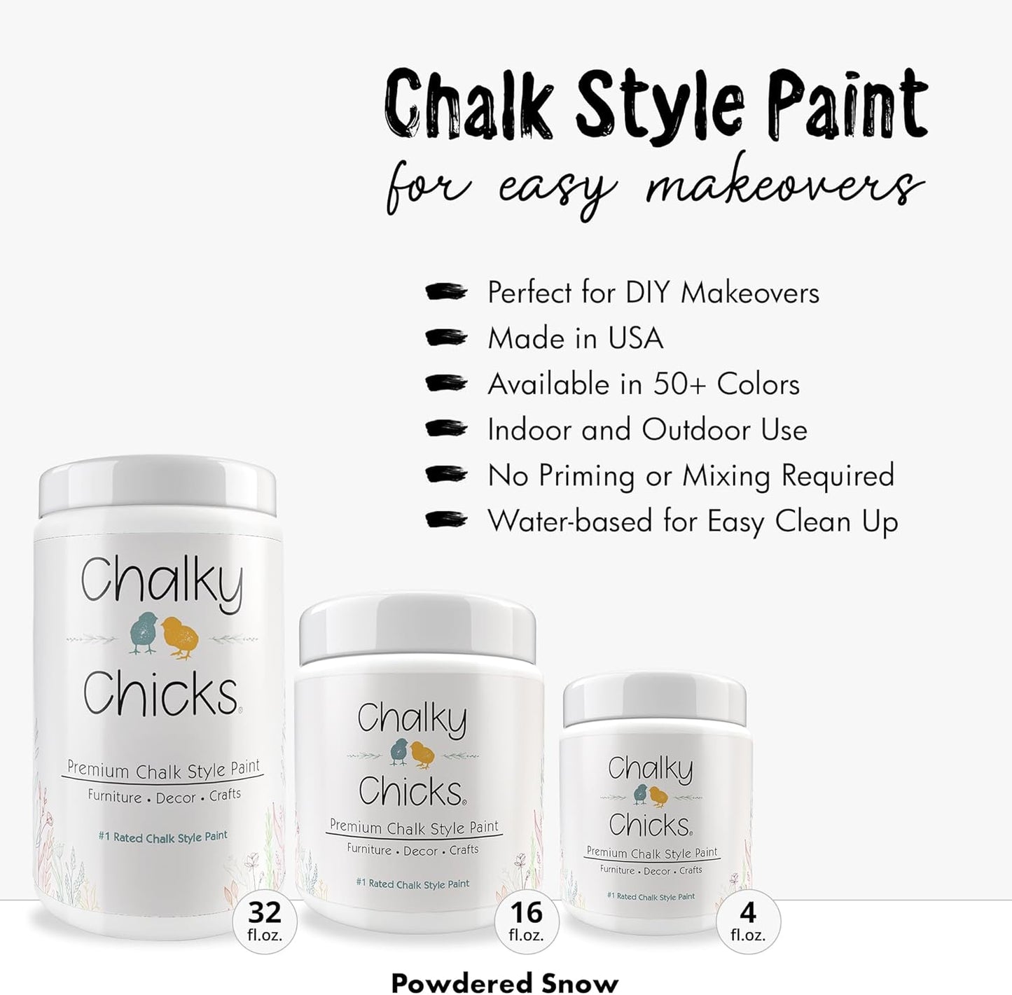 Chalky Chicks All-in-One Chalk Paint for Furniture or Cabinet -32 FlOz-Matte Finish Powdered Snow (Pure White) for Metal, Wood Furniture Paint - No Sanding All-in-One for Home Decor & Crafts, USA Made