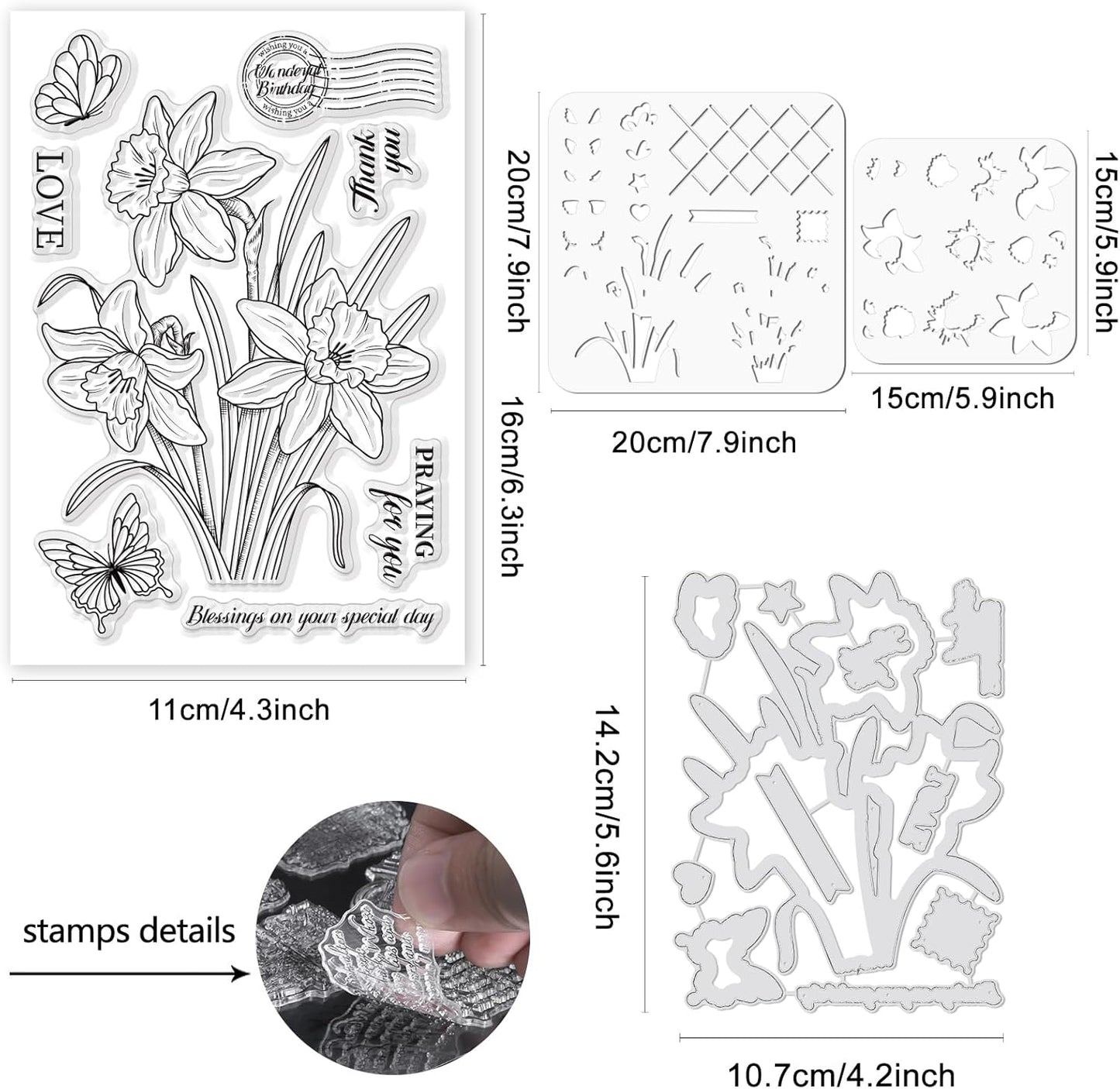 ORIGACH Realistic Daffodil Flower Stamps and Dies and Layering Coloring Stencil Set, Silicone Stamps Metal Die Cut and Flower Stencil Template for Card Making Scrapbooking DIY Crafting