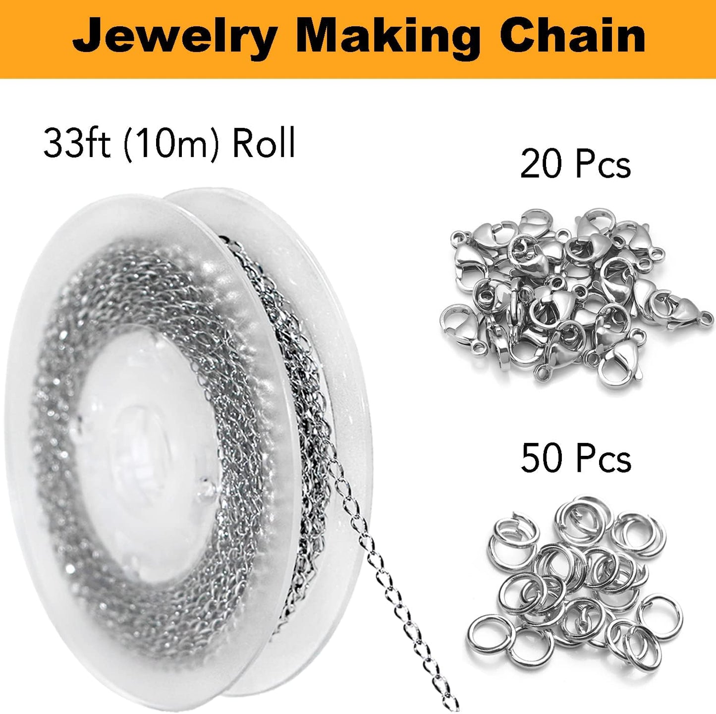 Jishi 33ft Twisted Cable Chain 2mm Silver Stainless Steel Link Chain, Jewelry Making Supplies Necklace Bracelet Extender, DIY Craft Earring Findings, Metal Link Chain Roll w/Lobster Clasps, Jump Rings
