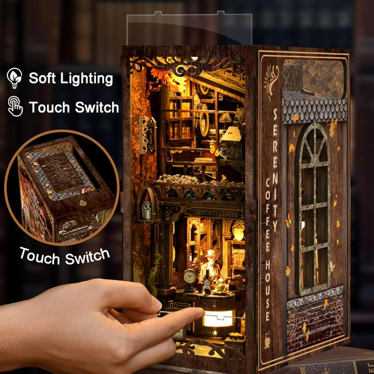 DIY Book Nook Kit 3D Puzzles for Adults Miniature House Kit Wooden Bookends Booknook Bookshelf Insert Decor with LED Lights Wood Crafts Gifts for Book Lovers - Serenity Coffee House