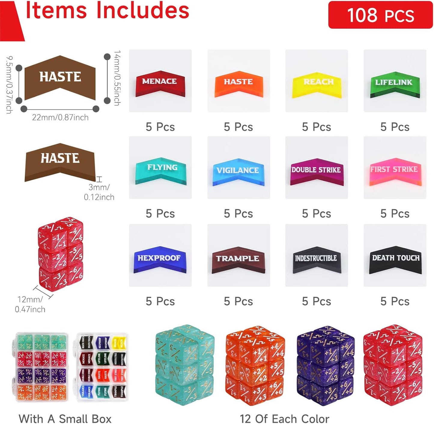 SIXPOINTS 108PCS 12mm MTG Counter Dice +1/+1 Tokens 6 Sided Dice & Keyword Counters Tokens Set for Magic The Gathering, MTG, TCG, Card Games Accessories