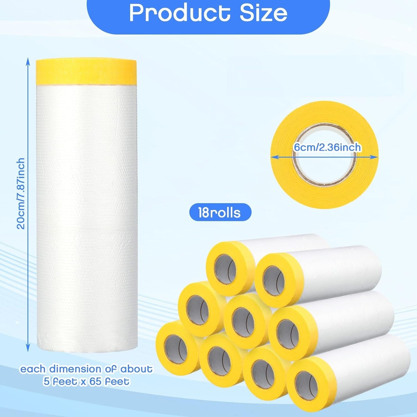 Seajan 18 Roll Painters Plastic with Tape Pre Taped Masking Film for Painting Automotive Paint Adhesive Protective Film Masking Tape Roll Plastic Painting Covering (White,5 x 65 Ft)