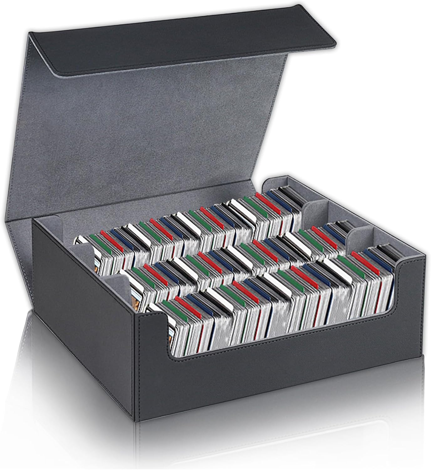 Card Storage Box for Trading Cards，2400+ Leather Magnetic Closure Commander Storage Box,Protectors Fit for YuGiOh, MTG and Sport Cards (Black, gray, 2400+)