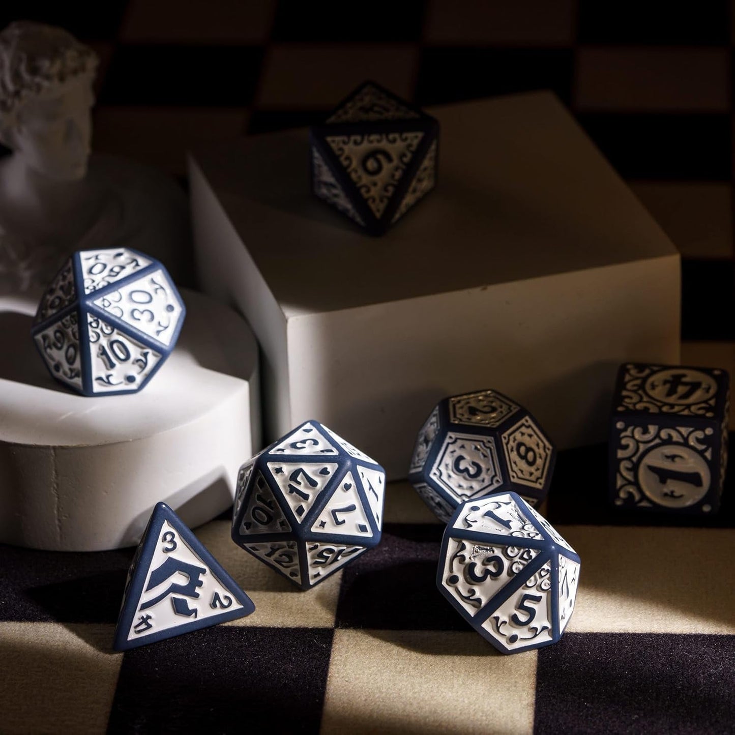7-Die DND Dice Set New Pattern Polyhedral Dice Set with Leather Bag D&D Die for RPG Table Games(Blue White)