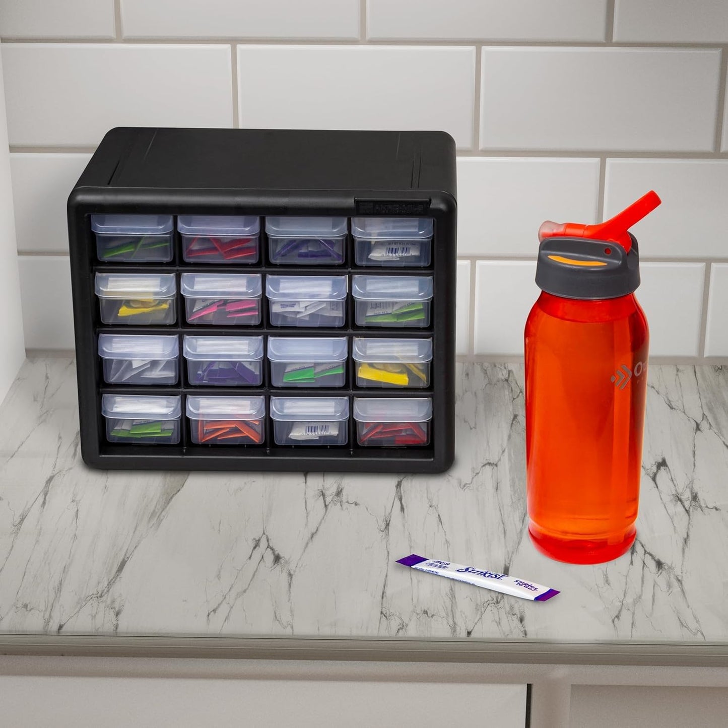 Akro-Mils 16-Drawer Plastic Drawer Storage Cabinet for Garage Organization, Beads, Makeup Organizer, Building Bricks Storage, Teacher Toolbox, 10-1/2" W x 6-1/2" D x 8-1/2" H, 10116 Black