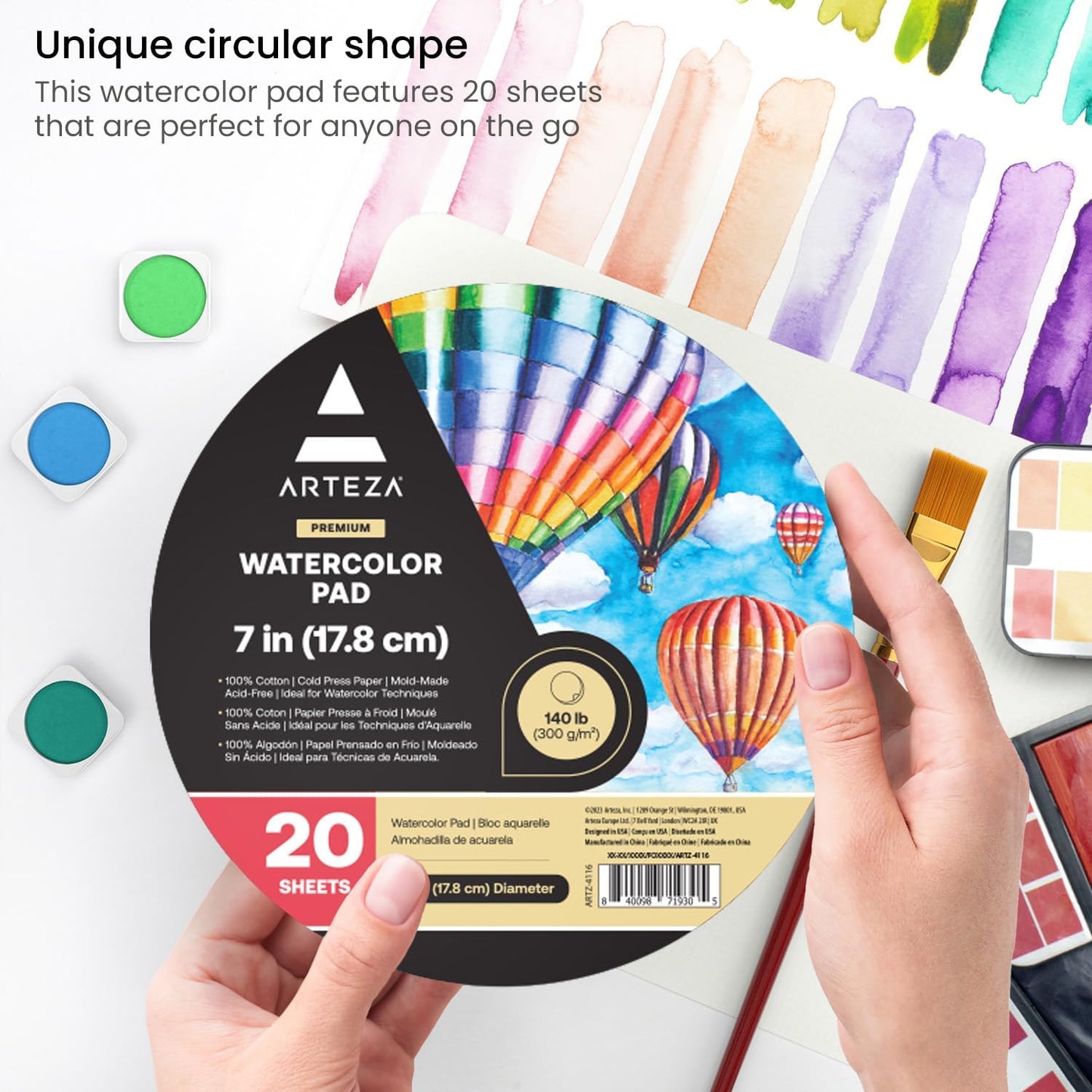 ARTEZA Watercolor Paper, 20 Sheets, 7 Inch Diameter Round Paper Pads, 140lb/300gsm, 100% Cotton, Cold Press, Acid Free Art Paper