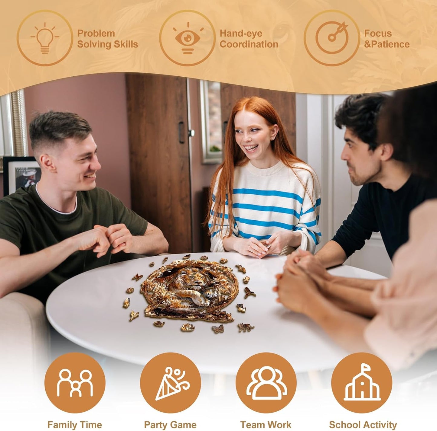 KAAYEE Wooden Puzzles for Adults, 3D Vision Effect Lion King Wooden Jigsaw Puzzles 200 PCS Unique Shape Wood Puzzle Adult, Birthday Father Mother Gifts for Puzzle Lover Family Game (M-11.4 * 11.4in)