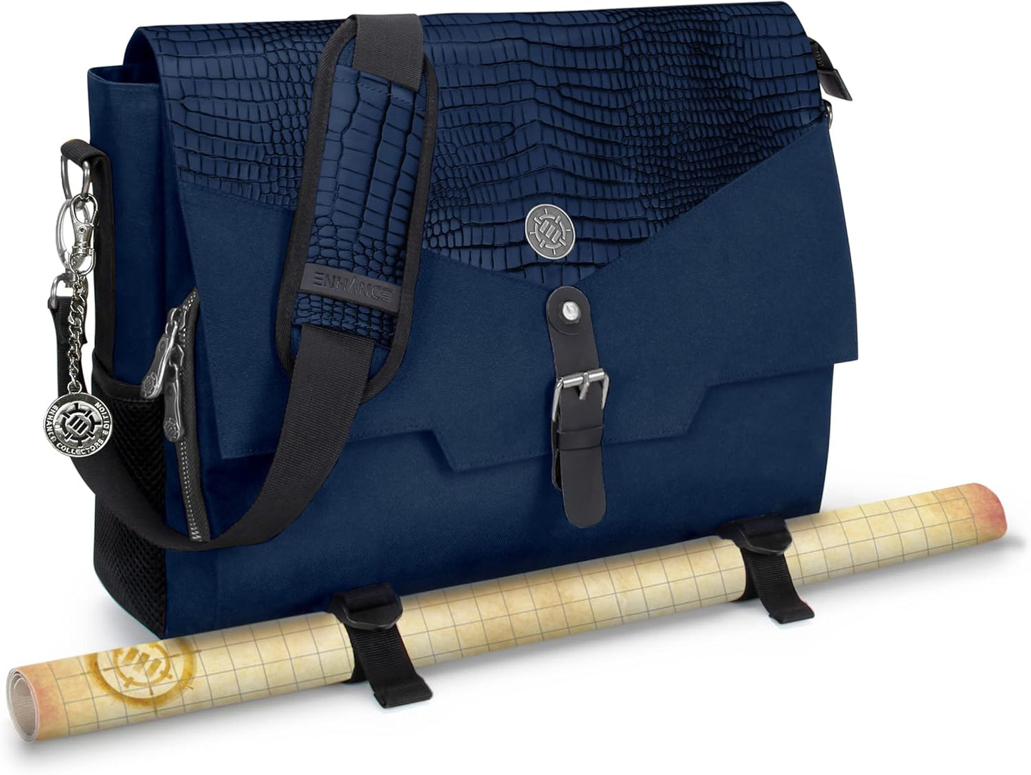 ENHANCE Collector's Edition RPG Player's Essentials DND Bag - Dragon Hide Exterior Messenger Bag Fits 2-4 Books, Binders, Dice & Accessories, with 17 inch Laptop Slot, Battlemap Straps (Dragon Blue)