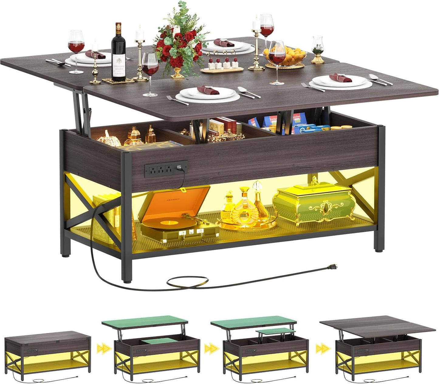 Aheaplus Coffee Table Lift Top Multi-Function Coffee Table Converts to Dining Table, with LED Light and Power Outlet, Center Table with Shelves for Living Room Reception Home Office,-S2, Espresso