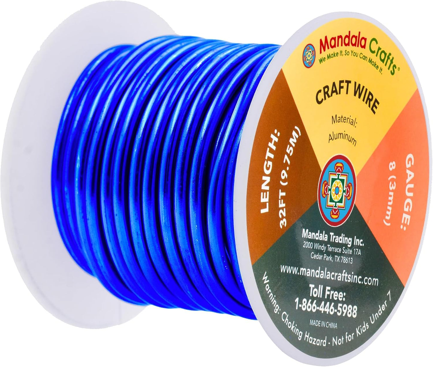 Mandala Crafts 8 Gauge Anodized Aluminum Craft Wire for Jewelry Making - 32 FT Colored Flexible True Blue Wire - Bendable for Bonsai Armature Crafting Sculpting
