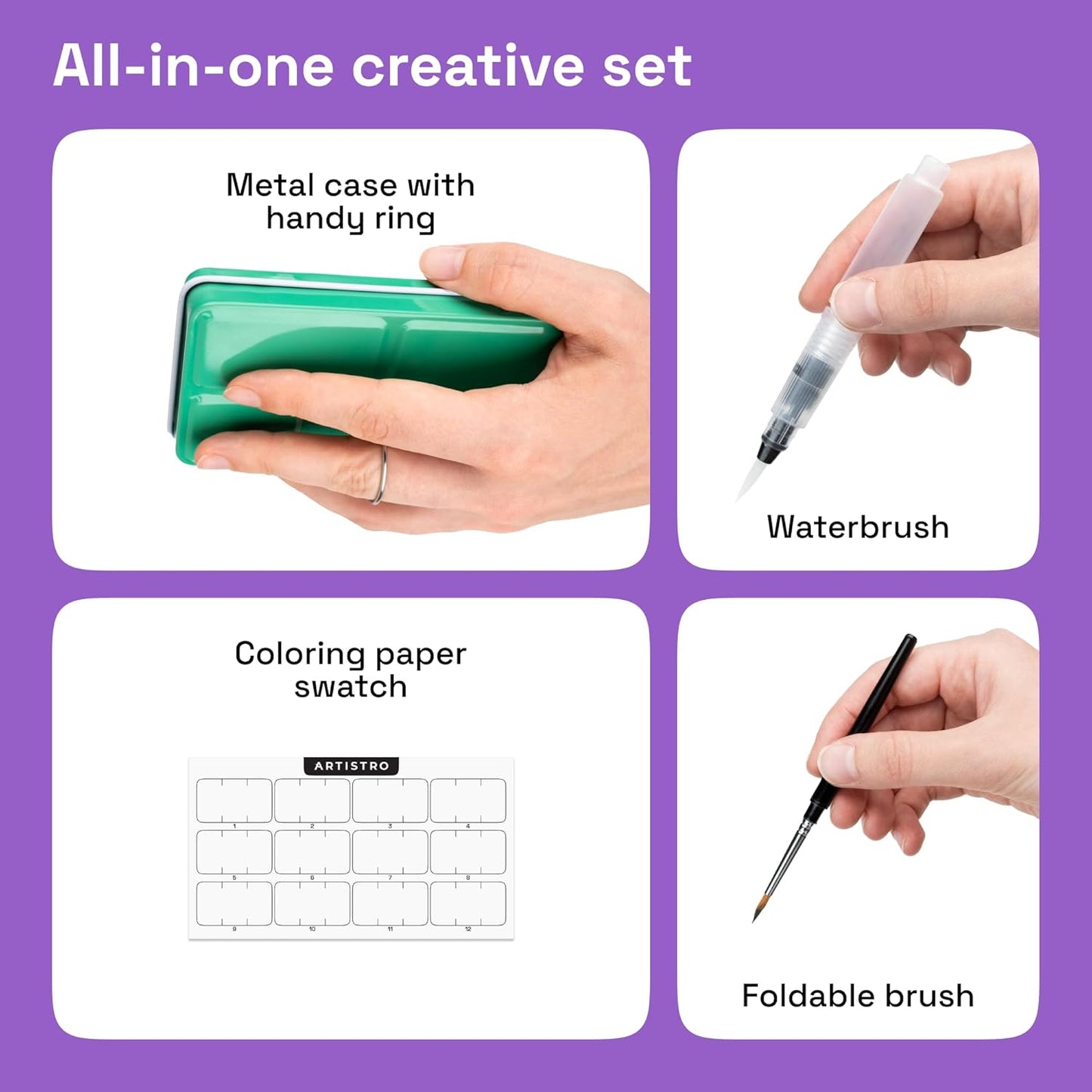 ARTISTRO Watercolor Paint Set in 12 Colors - Travel Watercolor Set with Metal Case & Bright Watercolors - Portable Set for Beginners & Amateur Artists