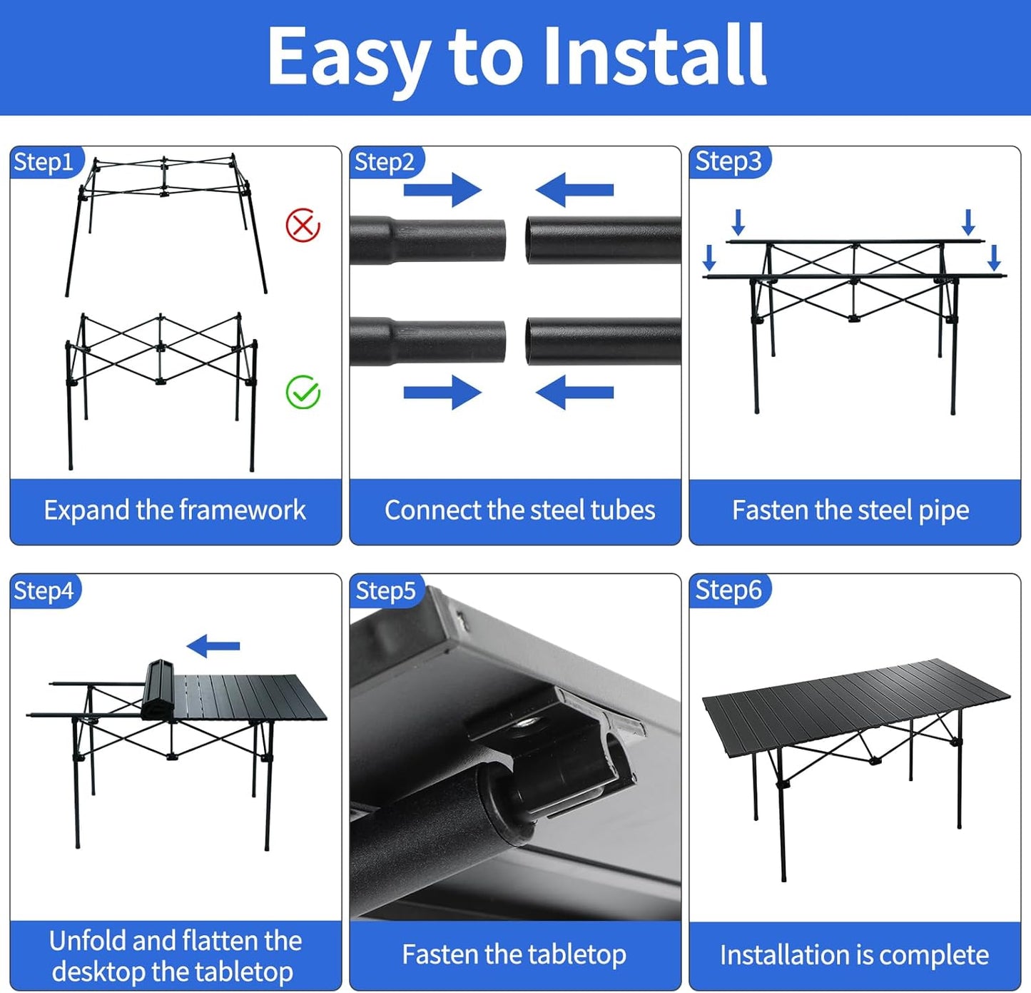 Camping Table 4Ft Folding Table Folding Picnic Aluminum Roll up Camp for Outdoor Beach Grill BBQ Travel Black
