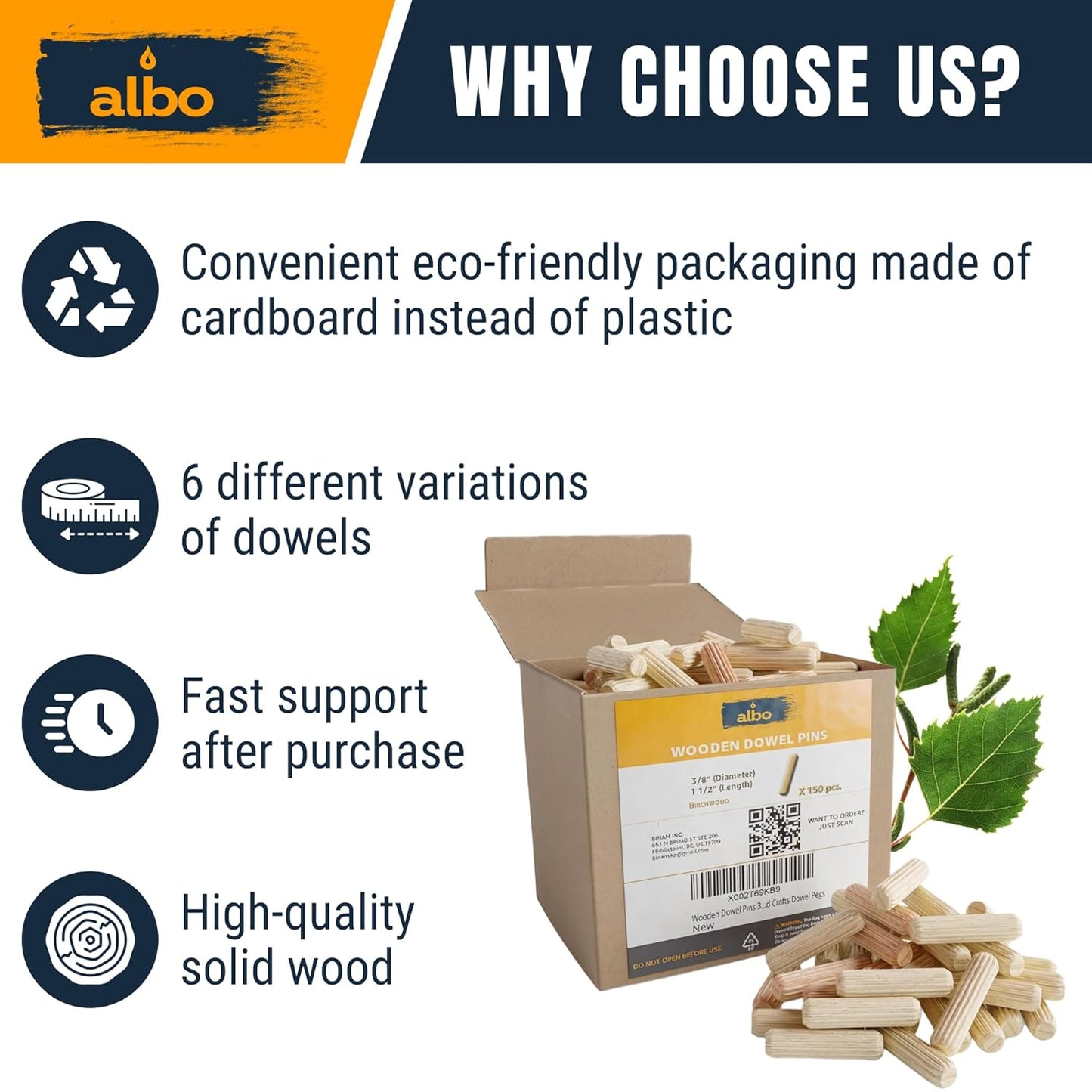 ALBO Wooden Dowel Pins 3/8 x 1 1/2 inch Fluted Wood Dowels Rods 150 Pack Hardwood Crafts Dowel Pegs