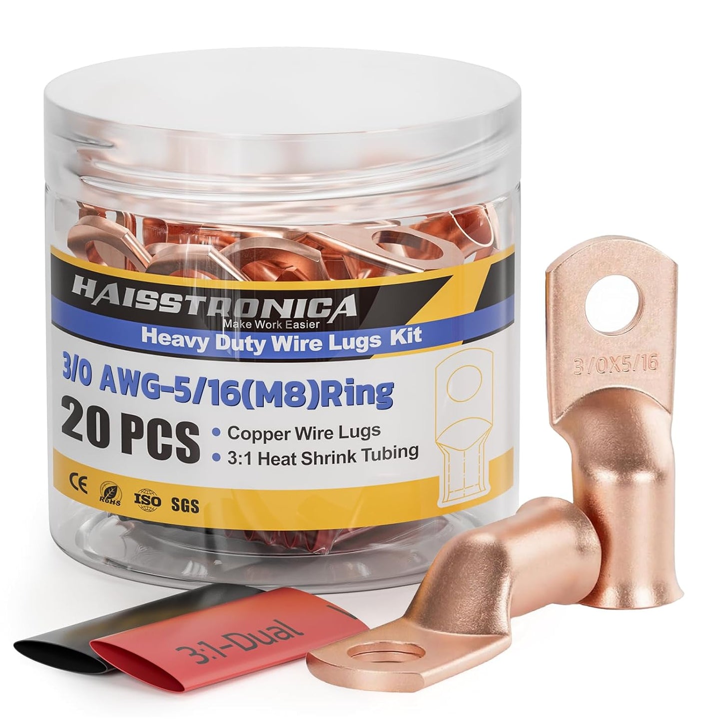 haisstronica 10pcs 3/0 AWG - 5/16"(M8) Battery Cable Lugs, Heavy Duty Copper Wire Lugs with 10pcs 3:1 Adhesive Heat Shrink Tubing, 000 Gauge Wire Lugs, Battery Terminal Connector, Battery Cable Ends