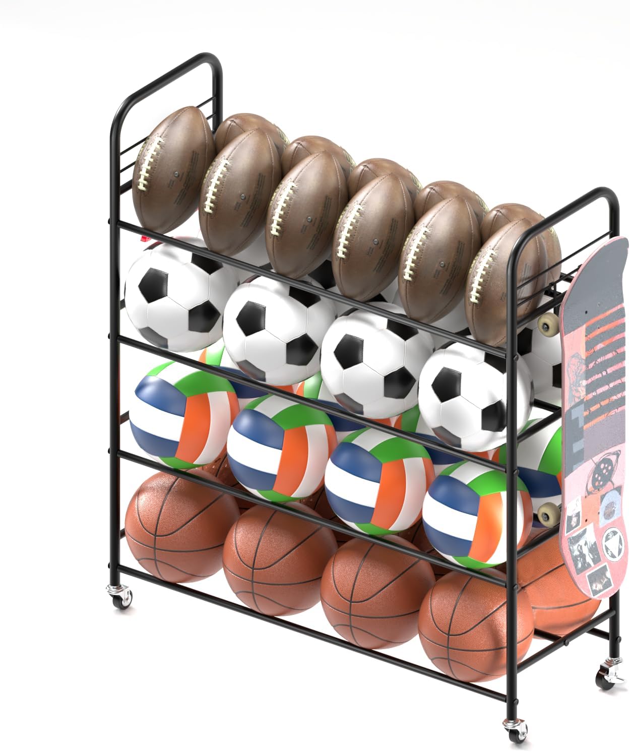 Ball Storage - 22.83" Basketball Cart With Wheels Garage Volleyball Storage Sport Equipment Holder Organizer For Indoor Outdoor,Metal Storage Rack For Playgroup,Gym And School