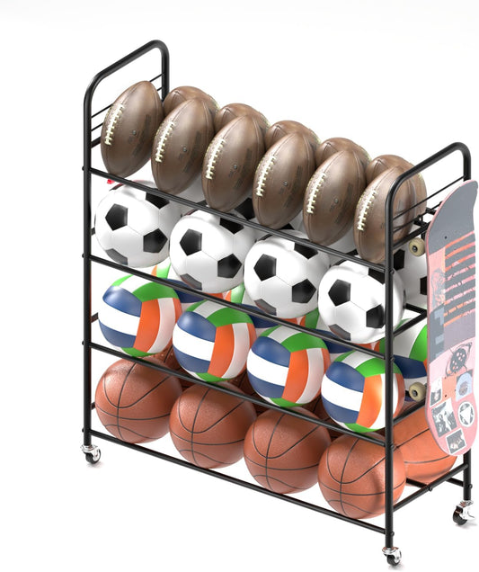 Ball Storage - 22.83" Basketball Cart With Wheels Garage Volleyball Storage Sport Equipment Holder Organizer For Indoor Outdoor,Metal Storage Rack For Playgroup,Gym And School